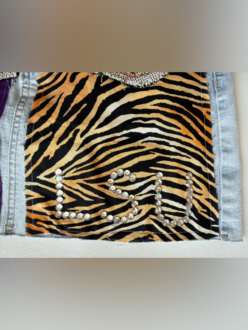 Handmade LSU Tigers Patchwork Game-day Denim Mini Skirt School Spirit Size 26 - Picture 2 of 6